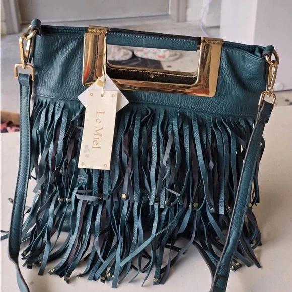 Le Miel Fringe Crossbody Bag Blue Women Cluch Detachable Strap Western 90s New - Picture 9 of 16
